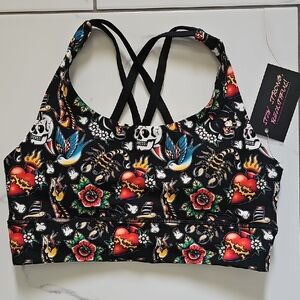 NWT Peachy Athletic Tattoo Print Sports Bra | Size Small | Skull Floral